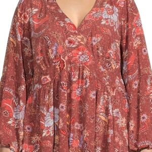 Floral V-Neck Peasant Top - Rust Red